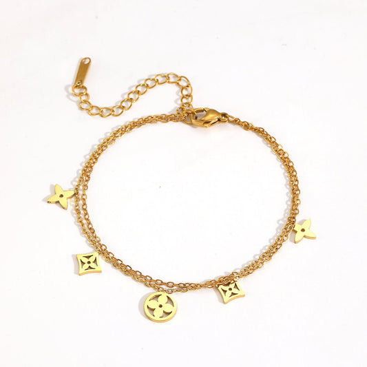 Gold Double Cable Chain Mixed Geometric Clover Charm Bracelet - Bracelets - 18k Gold Plated Waterproof Jewellery - Collection 9