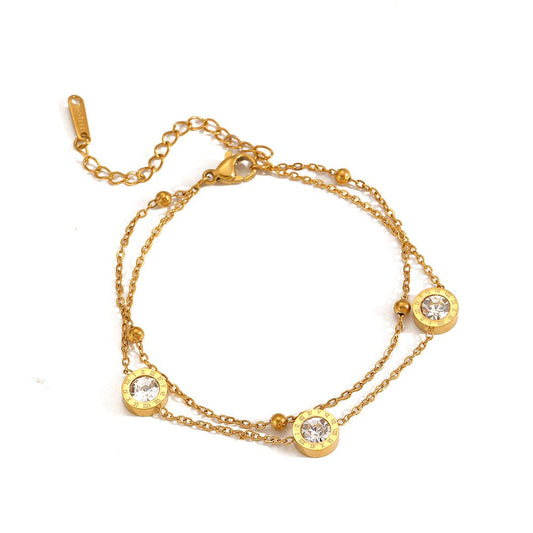 Gold Double Cable Chain Roman Numeral Crystal Disc Station Bracelet - Bracelets - 18k Gold Plated Waterproof Jewellery - Collection 9