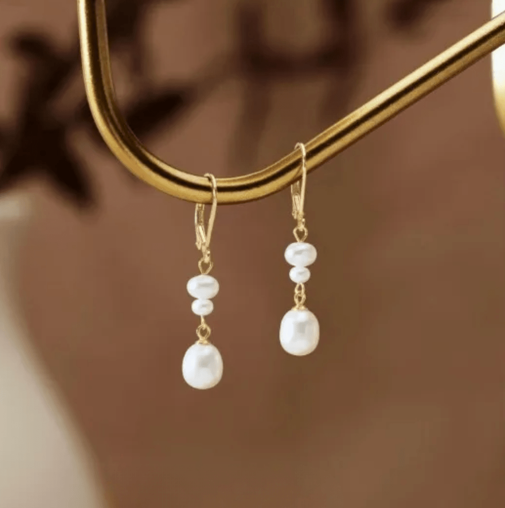 Gold Double Freshwater Pearl Huggie Earrings - - 18k Gold Plated Waterproof Jewellery - Collection 9