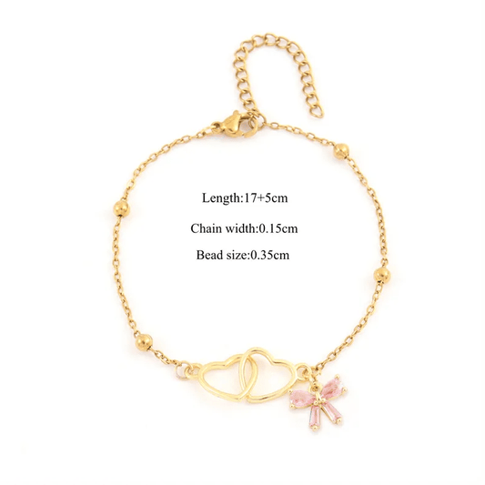 Gold Double Heart & Pink Crystal Bow Charm Satellite Bead Bracelet - Bracelets - 18k Gold Plated Waterproof Jewellery - Collection 9