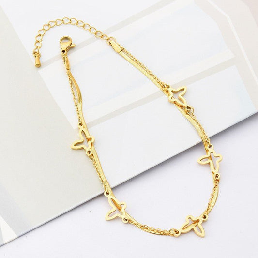Gold Double Layer Butterfly & Herringbone Blade Chain Anklet - Anklet - 18k Gold Plated Waterproof Jewellery - Collection 9