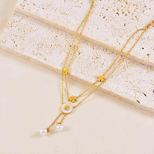 Gold Double Layer Four Leaf Clover & Pearl Drop Anklet - Anklet - 18k Gold Plated Waterproof Jewellery - Collection 9