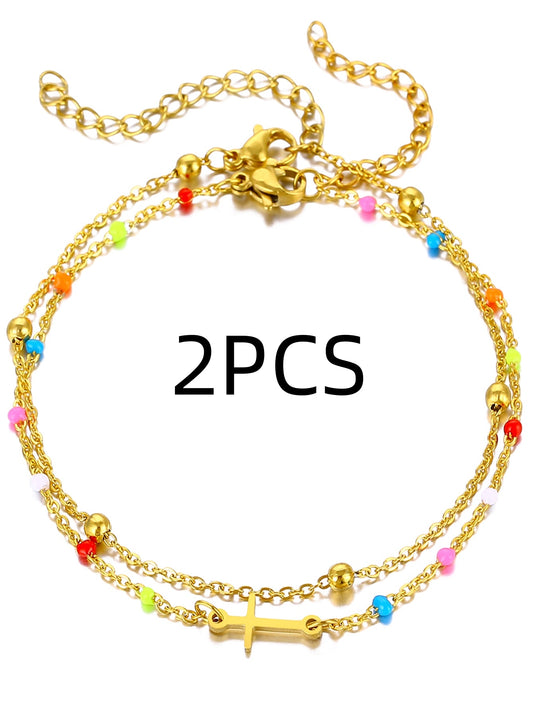 Gold Double Layer Multicolour Bead & Cross Charm Anklet - Anklet - 18k Gold Plated Waterproof Jewellery - Collection 9