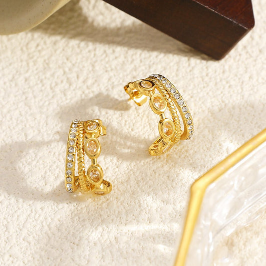 Gold Double Layer Rhinestone & Oval Zircon C-Hoop Earrings - Hoop Earrings - 18k Gold Plated Waterproof Jewellery - Collection 9