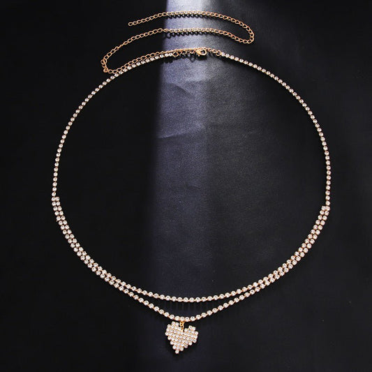 Gold Double Layer Rhinestone Tennis Waist Chain with Pavé Heart Pendant - Waist Chains - 18k Gold Plated Waterproof Jewellery - Collection 9