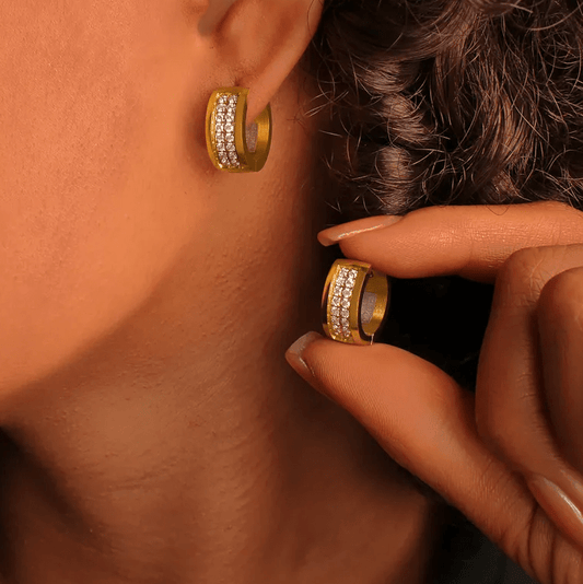Gold Double Row Crystal Huggie Earrings - - 18k Gold Plated Waterproof Jewellery - Collection 9