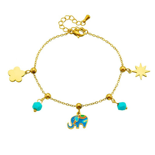 Gold Enamel Elephant Flower & Star Charm Cable Chain Bracelet - Bracelets - 18k Gold Plated Waterproof Jewellery - Collection 9