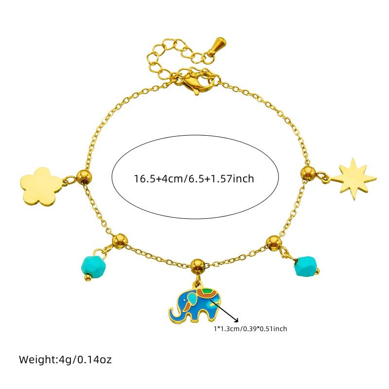 Gold Enamel Elephant Flower & Star Charm Cable Chain Bracelet - Bracelets - 18k Gold Plated Waterproof Jewellery - Collection 9
