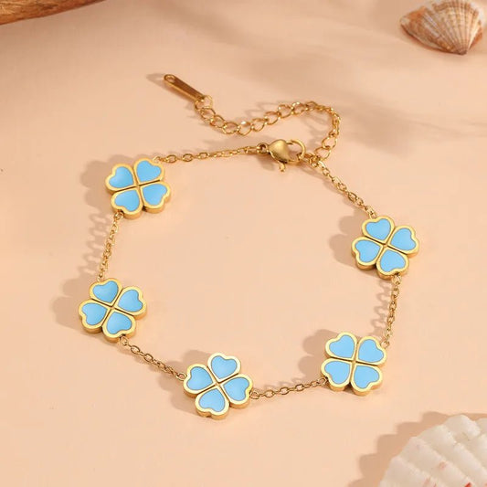Gold Enamel Four-Leaf Clover Charm Bracelet - Bracelets - 18k Gold Plated Waterproof Jewellery - Collection 9