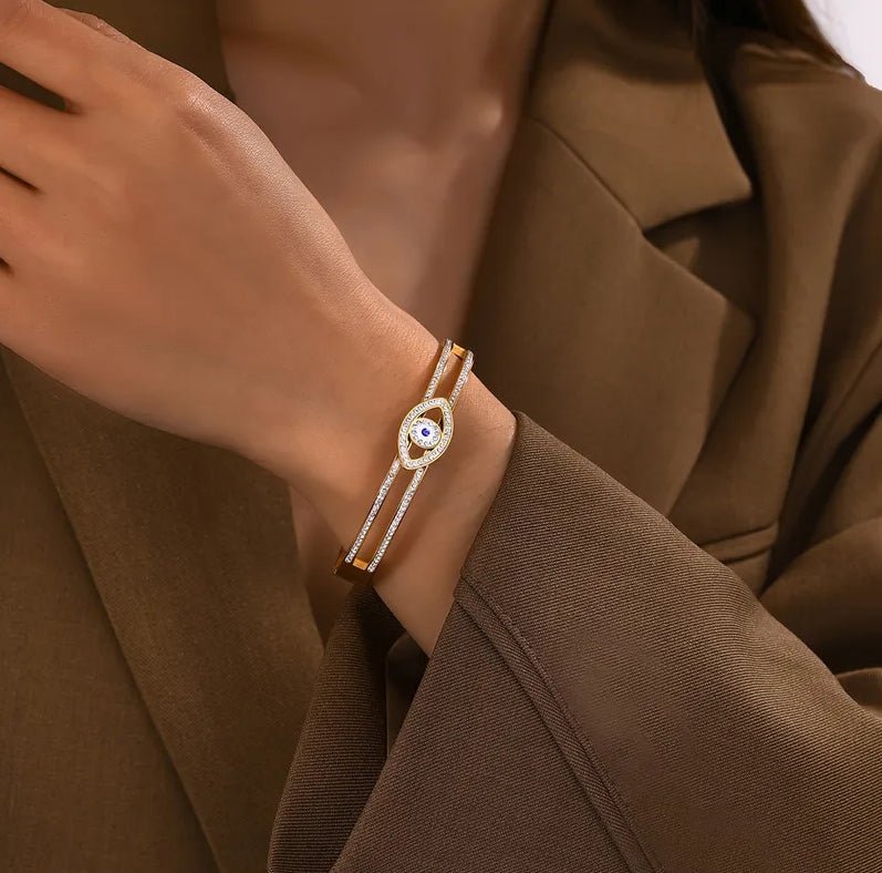 Gold Evil Eye Crystal Bangle - Bracelet - 18k Gold Plated Waterproof Jewellery - Collection 9