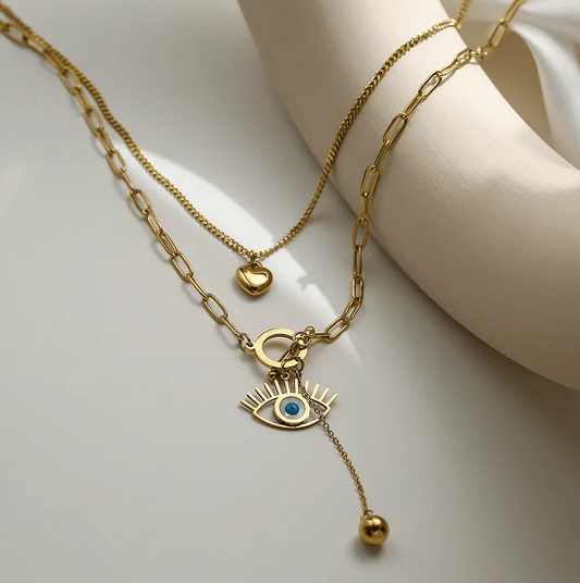 Gold Evil Eye Heart Layered Necklace - Necklace - 18k Gold Plated Waterproof Jewellery - Collection 9
