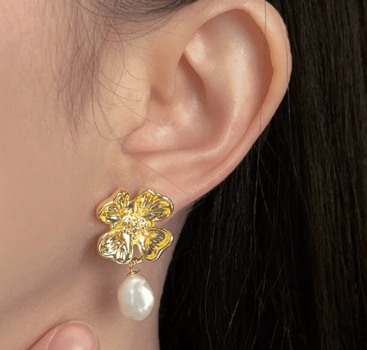 Gold Flower Freshwater Pearl Drop Earrings - - 18k Gold Plated Waterproof Jewellery - Collection 9