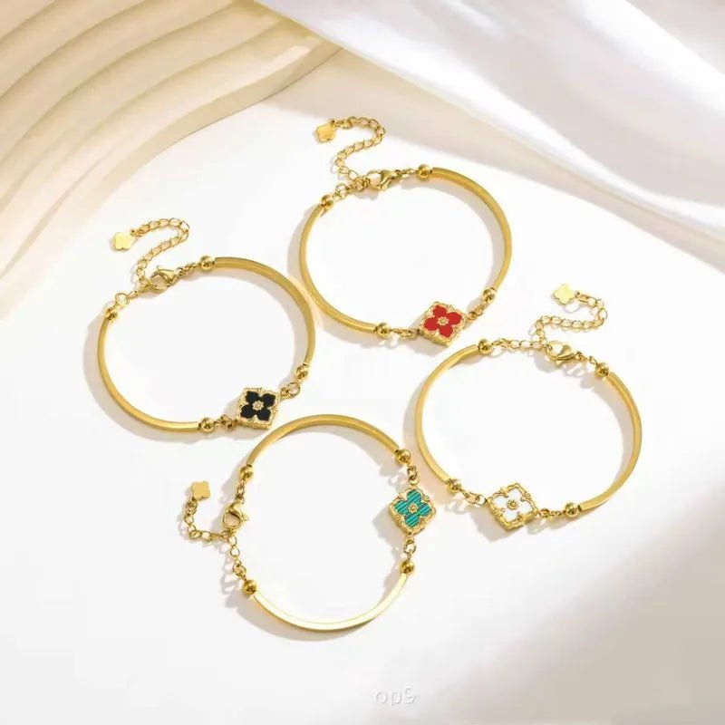 Gold Four Leaf Clover Teal Enamel Bangle Bracelet - Bangle - 18k Gold Plated Waterproof Jewellery - Collection 9