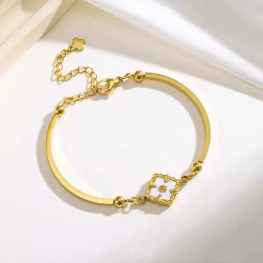 Gold Four Leaf Clover Teal Enamel Bangle Bracelet - Bangle - 18k Gold Plated Waterproof Jewellery - Collection 9