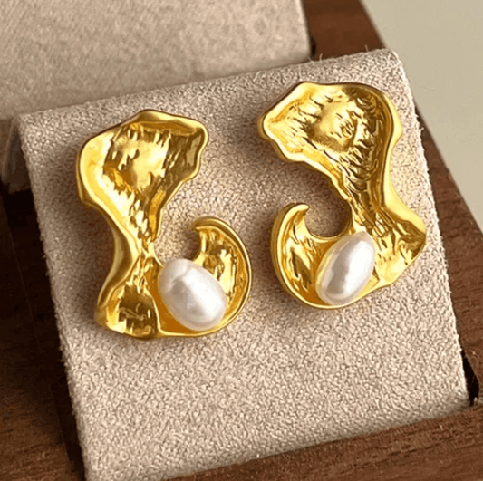 Gold Freshwater Pearl Stud Earrings - - 18k Gold Plated Waterproof Jewellery - Collection 9