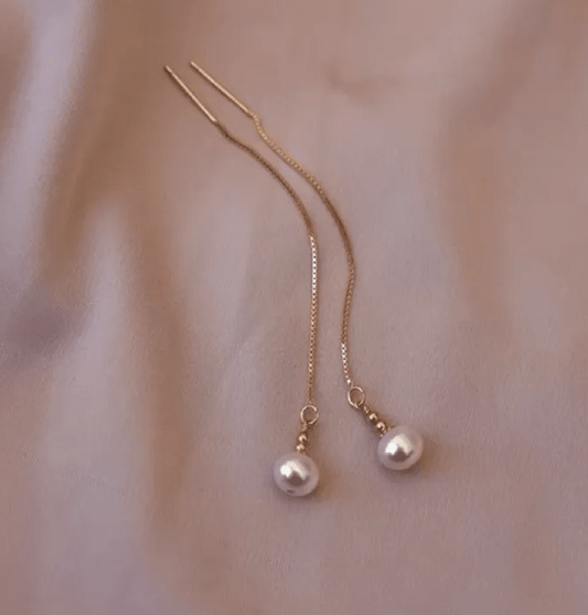 Gold Freshwater Pearl Threader Earrings - - 18k Gold Plated Waterproof Jewellery - Collection 9