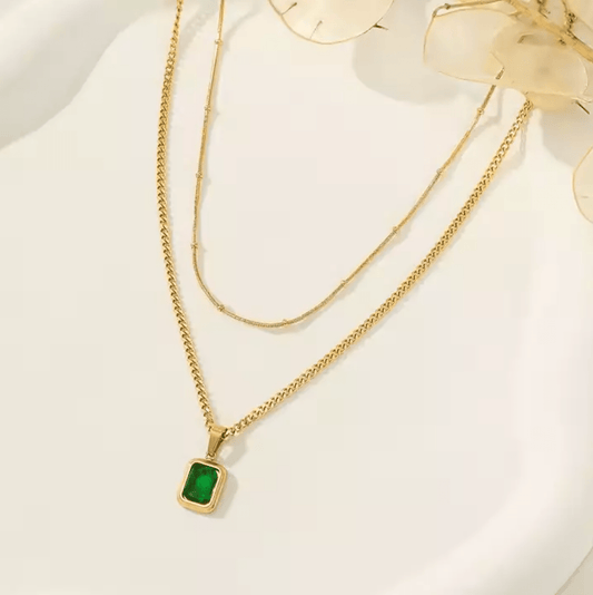 Gold Green Stone Layered Necklace - Necklace - 18k Gold Plated Waterproof Jewellery - Collection 9
