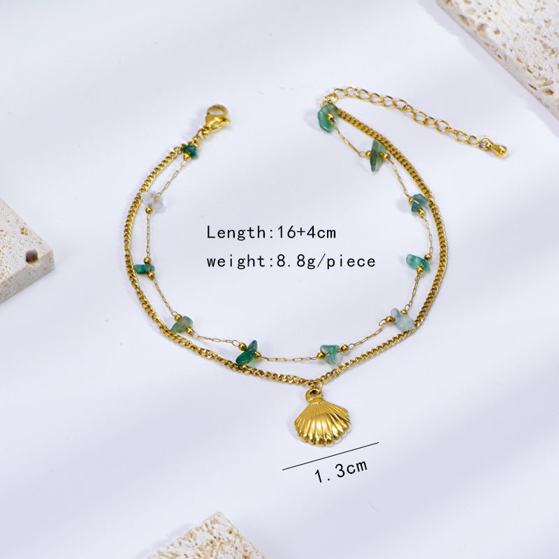 Gold Green Stone Scallop Shell Double Layer Anklet - Anklets - 18k Gold Plated Waterproof Jewellery - Collection 9