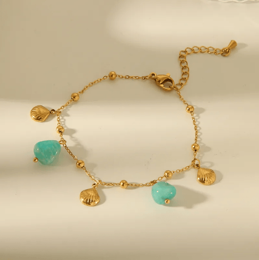 Gold Green Stone Shell Charm Bracelet - Jewelry - 18k Gold Plated Waterproof Jewellery - Collection 9