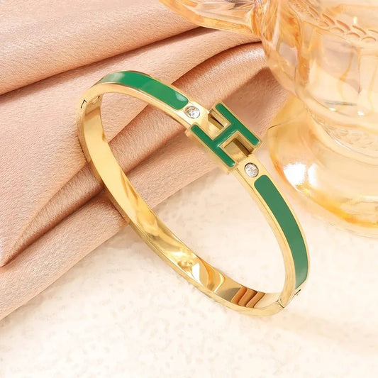 Gold H Letter Enamel & Crystal Zircon Cuff Bangle - Bangle - 18k Gold Plated Waterproof Jewellery - Collection 9