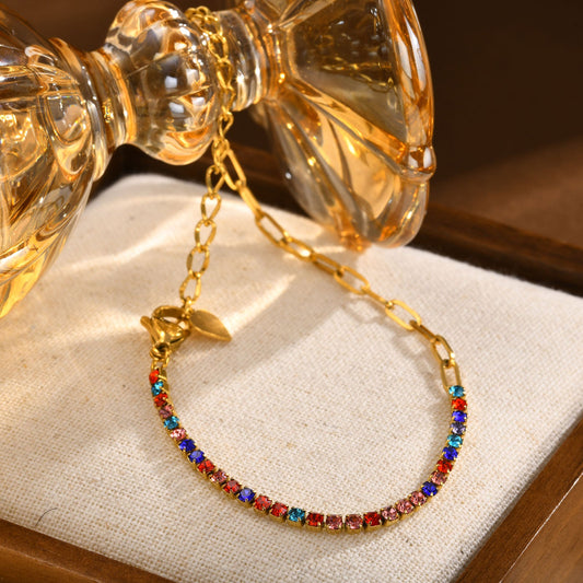 Gold Half Paperclip & Multicolour Zircon Tennis Chain Bracelet - Bracelet - 18k Gold Plated Waterproof Jewellery - Collection 9