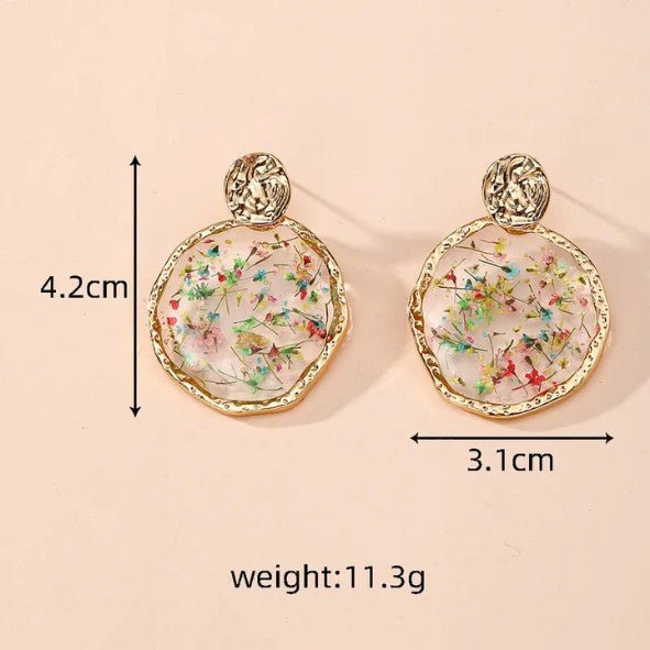 Gold Hammered Dried Flower Resin Drop Earrings - Drop Earrings - 18k Gold Plated Waterproof Jewellery - Collection 9