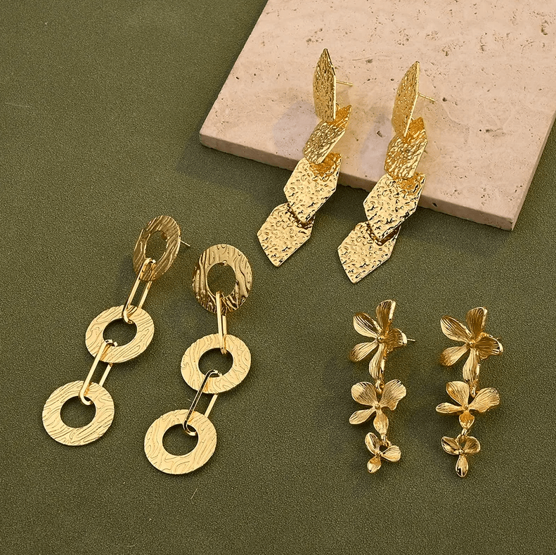 Gold Hammered Multi-Petal Drop Earrings - Earrings - 18k Gold Plated Waterproof Jewellery - Collection 9