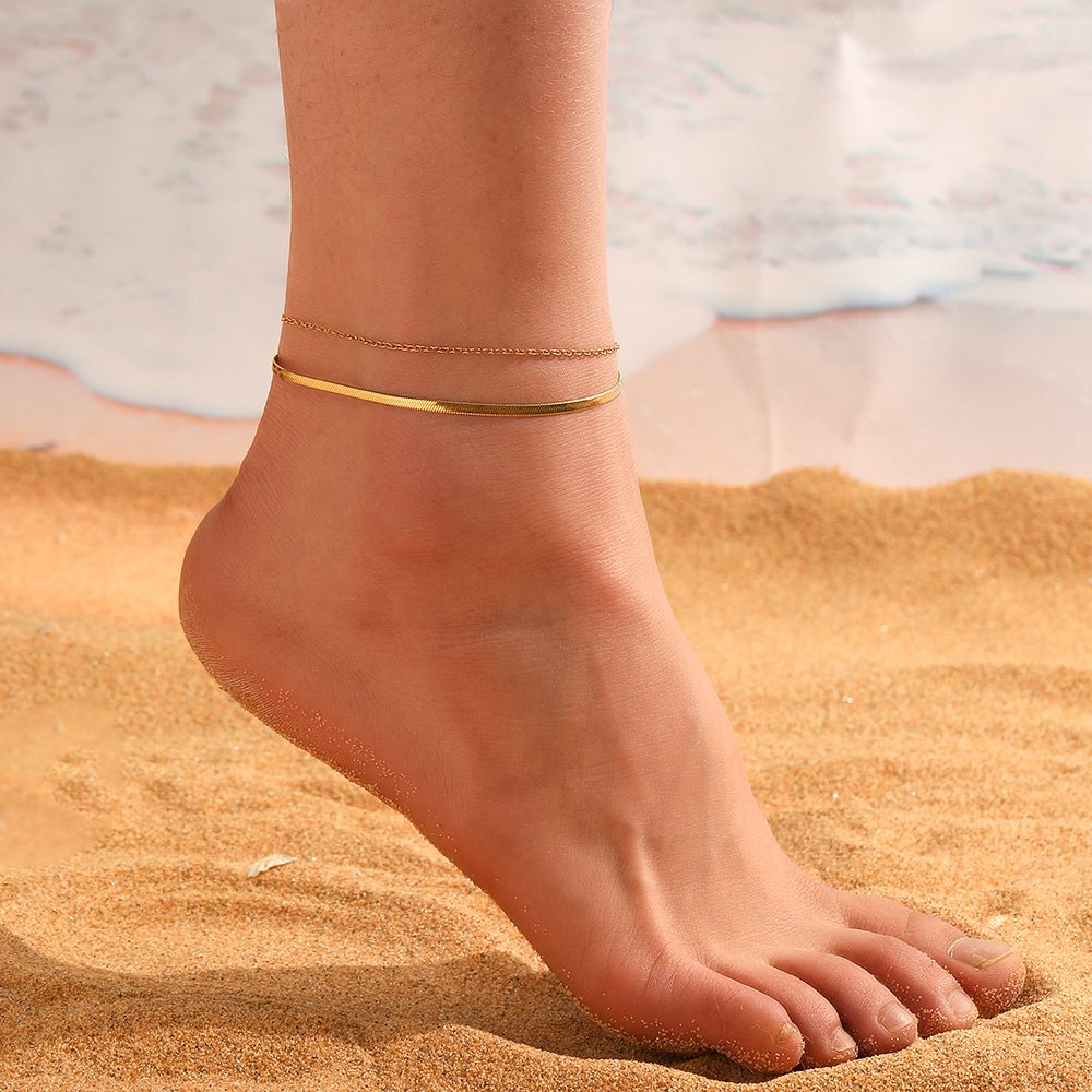 Gold Herringbone & Cable Double Layer Anklet - Anklets - 18k Gold Plated Waterproof Jewellery - Collection 9