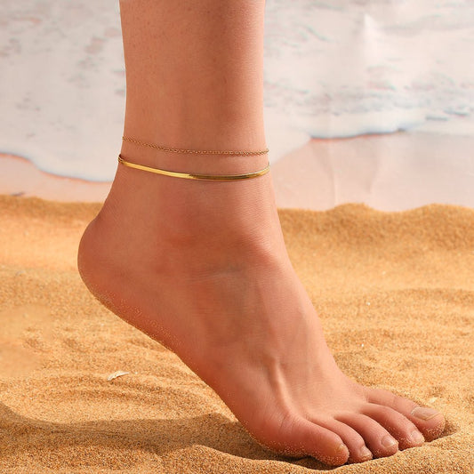 Gold Herringbone & Cable Double Layer Anklet - Anklets - 18k Gold Plated Waterproof Jewellery - Collection 9