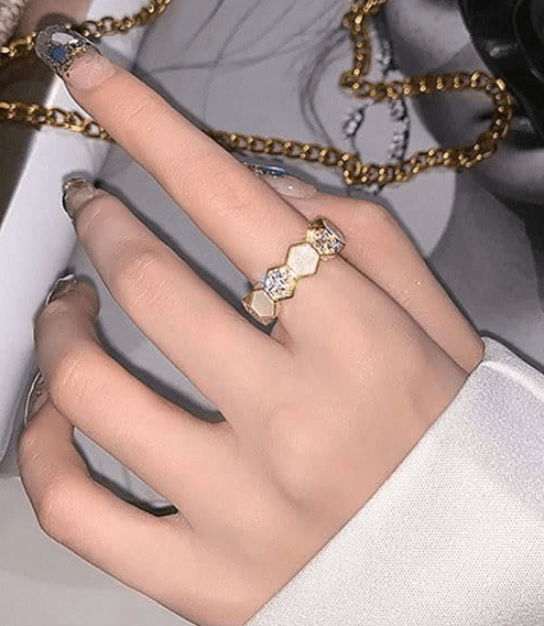 Gold Hexagon Shell & Zircon Ring - Rings - 18k Gold Plated Waterproof Jewellery - Collection 9
