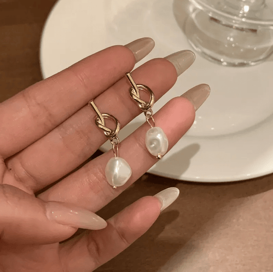 Gold Knot Freshwater Pearl Drop Earrings - - 18k Gold Plated Waterproof Jewellery - Collection 9