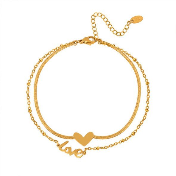 Gold Love Script Heart Double Layer Anklet - Anklets - 18k Gold Plated Waterproof Jewellery - Collection 9