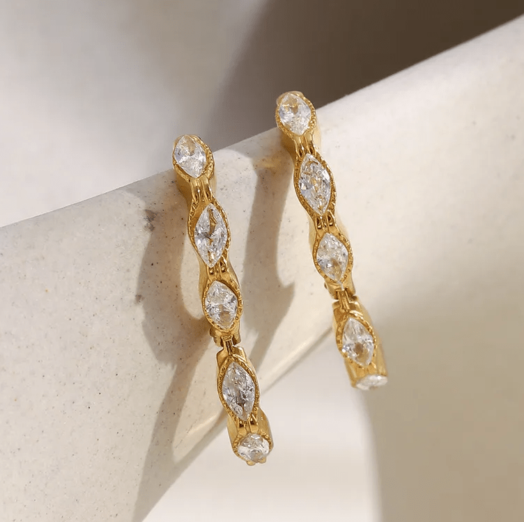 Gold Marquise Crystal Huggie Earrings - - 18k Gold Plated Waterproof Jewellery - Collection 9