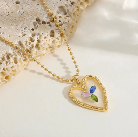 Gold Multicolor Crystal Heart Pendant Necklace - Necklace - 18k Gold Plated Waterproof Jewellery - Collection 9
