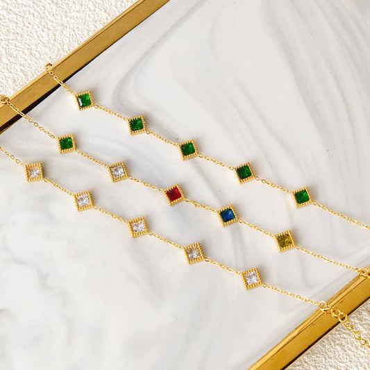 Gold Multicolour Square Zircon Diamond Charm Bracelet - Bracelets - 18k Gold Plated Waterproof Jewellery - Collection 9