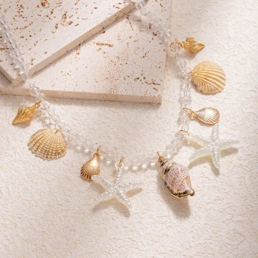 Gold Ocean Charm White Crystal Bead Necklace - Necklaces - 18k Gold Plated Waterproof Jewellery - Collection 9