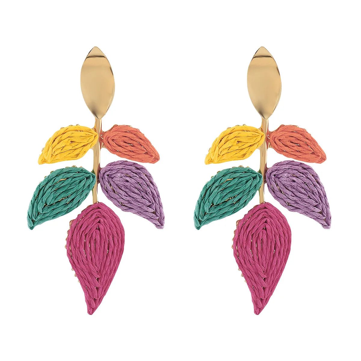 Gold Oval Stud & Raffia Woven Leaf Spray Drop Earrings - Drop Earrings - 18k Gold Plated Waterproof Jewellery - Collection 9