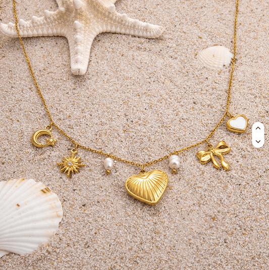 Gold Pearl Charm Heart Bow Necklace - Jewelry - 18k Gold Plated Waterproof Jewellery - Collection 9