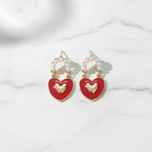 Gold Pearl Red Heart Drop Earrings - Earrings - 18k Gold Plated Waterproof Jewellery - Collection 9