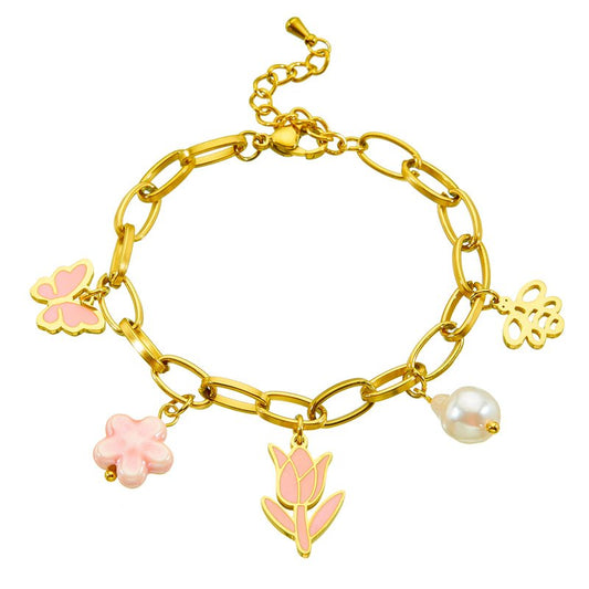 Gold Pink Enamel Tulip Butterfly & Pearl Charm Paperclip Chain Bracelet - Bracelets - 18k Gold Plated Waterproof Jewellery - Collection 9