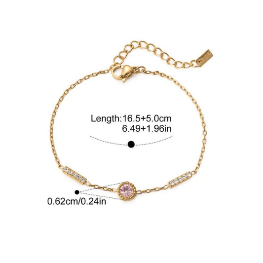 Gold Pink Zircon Centre & Crystal Bar Station Cable Chain Bracelet - Bracelets - 18k Gold Plated Waterproof Jewellery - Collection 9