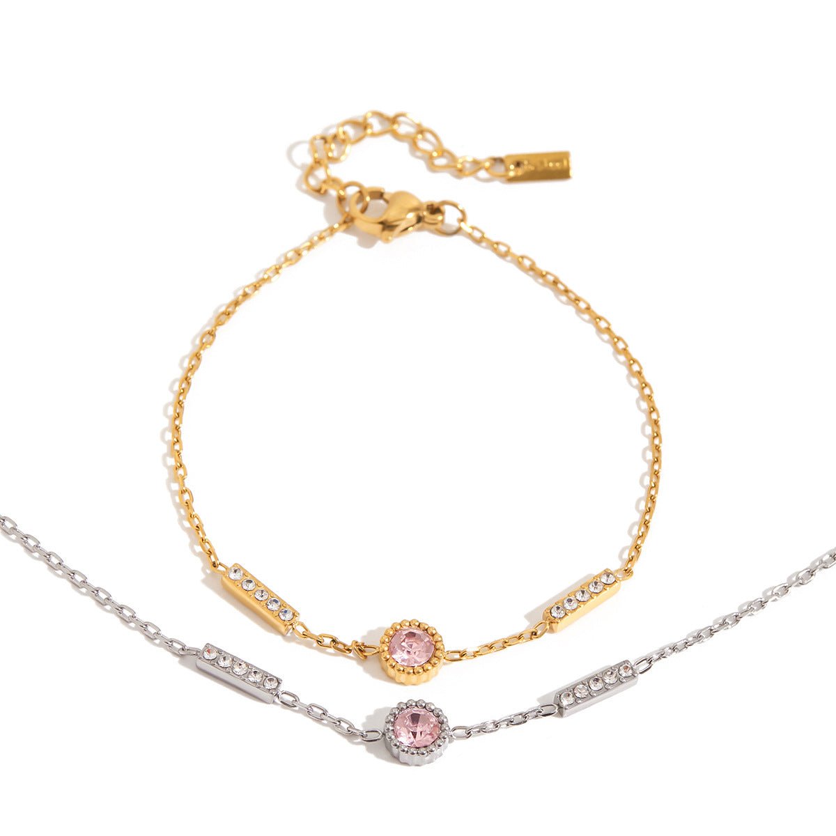 Gold Pink Zircon Centre & Crystal Bar Station Cable Chain Bracelet - Bracelets - 18k Gold Plated Waterproof Jewellery - Collection 9