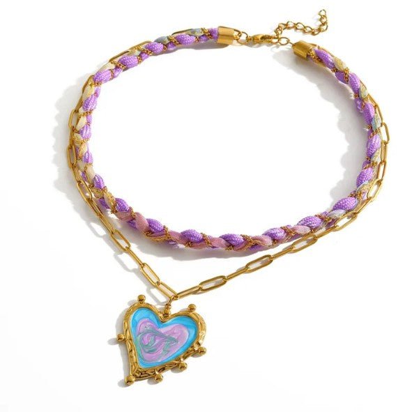 Gold Purple Cord & Paperclip Chain Enamel Heart Necklace - Necklaces - 18k Gold Plated Waterproof Jewellery - Collection 9