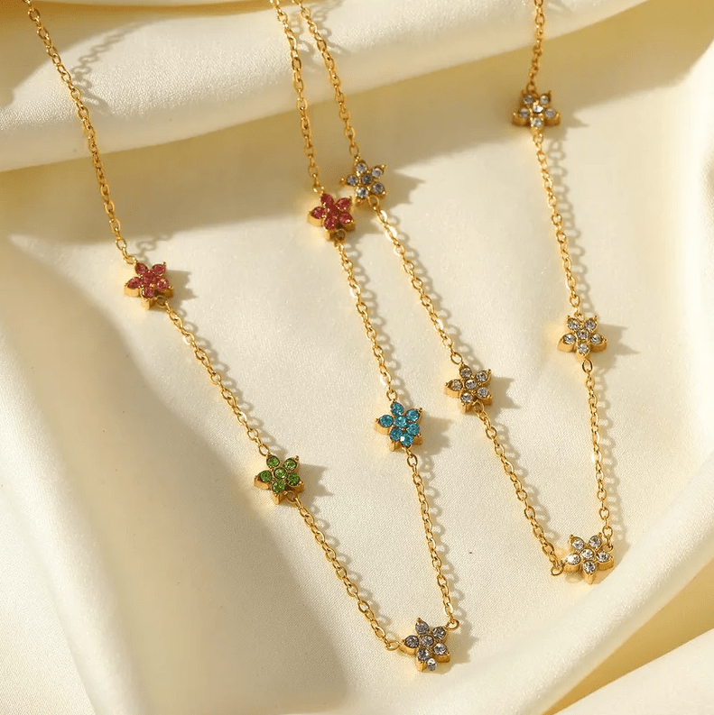 Gold Rainbow Color Crystal Flower Chain Necklace - Jewelry - 18k Gold Plated Waterproof Jewellery - Collection 9