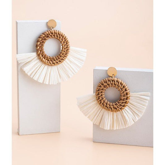 Gold Rattan Woven Circle & White Raffia Fringe Drop Earrings - Collection 9 Ltd