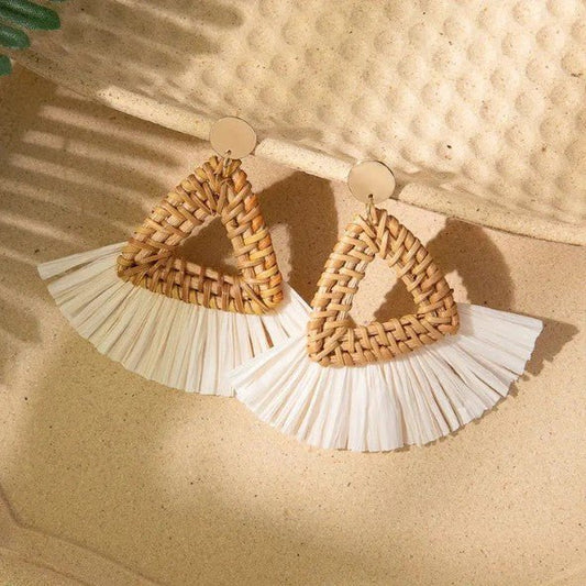 Gold Rattan Woven Triangle & White Raffia Fringe Drop Earrings - Collection 9 Ltd