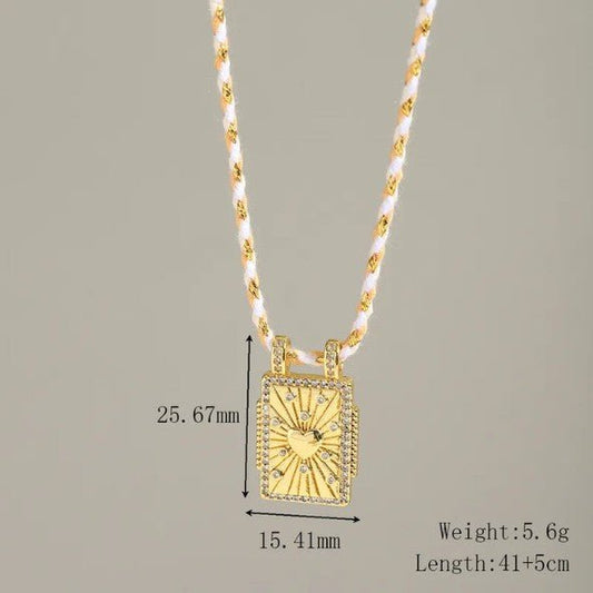 Gold Rectangle Sunburst Heart Zircon Pendant Twisted Cord Necklace - Collection 9 Ltd