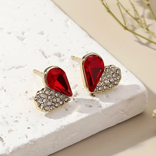Gold Red Crystal Double Heart Stud Earrings - Earrings - 18k Gold Plated Waterproof Jewellery - Collection 9