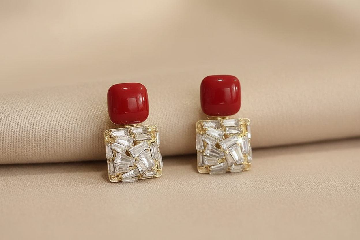 Gold Red Crystal Square Drop Earrings - Earrings - 18k Gold Plated Waterproof Jewellery - Collection 9