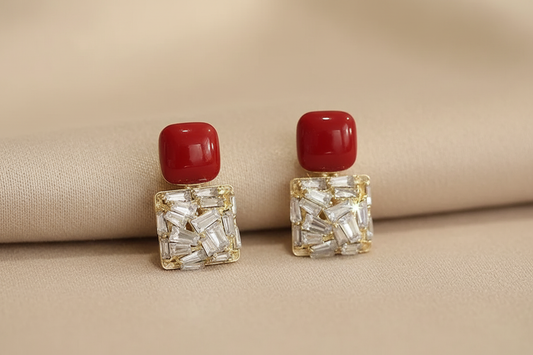 Gold Red Crystal Square Drop Earrings - Earrings - 18k Gold Plated Waterproof Jewellery - Collection 9
